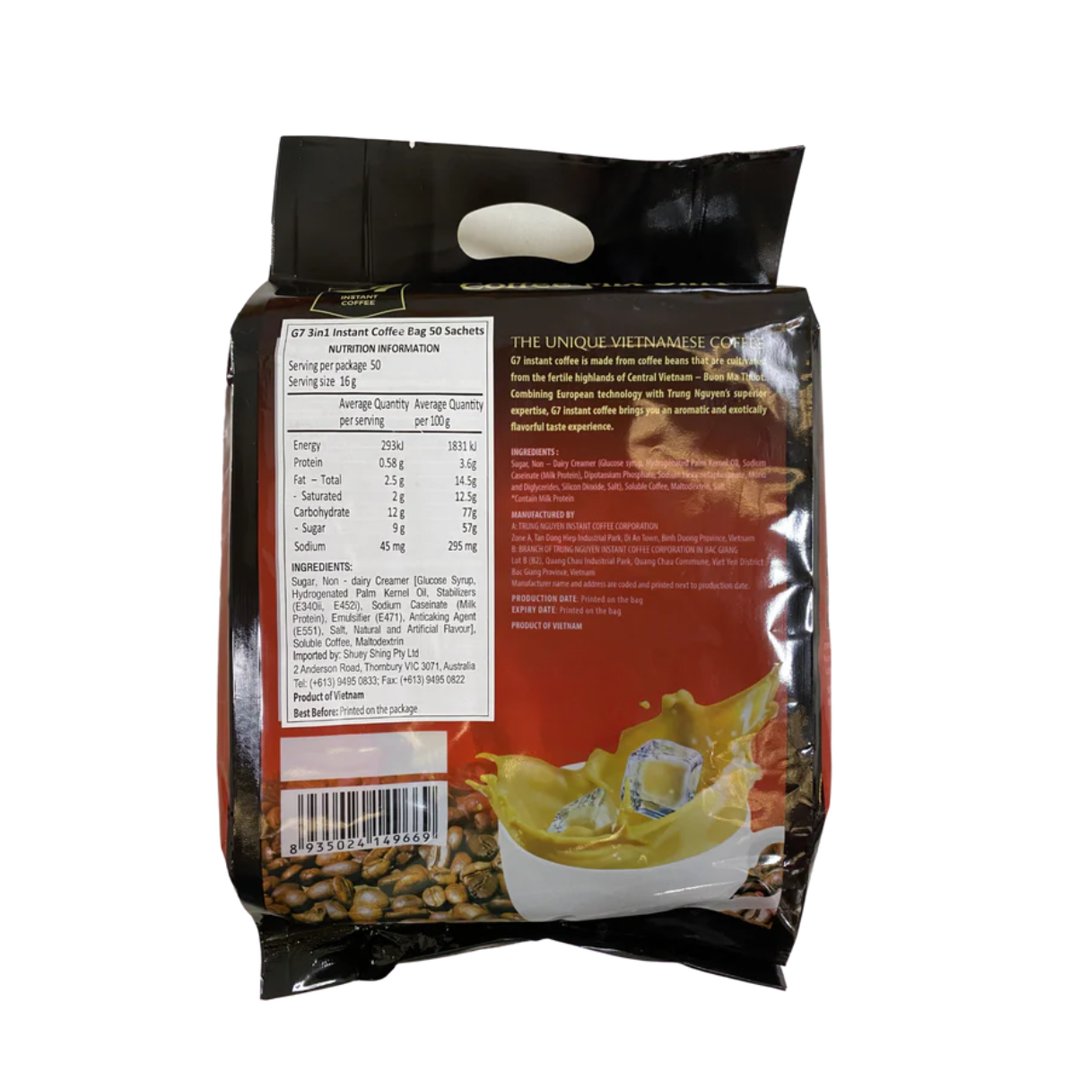 Trung Nguyen G7 3in1 Instant Coffee Mix 50pk (Cafe Trung Nguyen) 800g