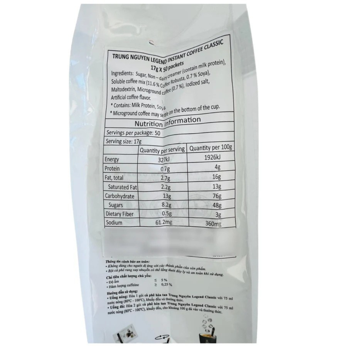 Trung Nguyen Legend Classic Instant Coffee 50pk (Cafe Trung Nguyen) 850g